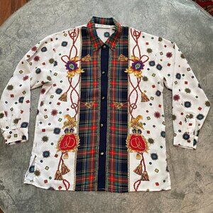 Vintage Chaus Korea Ornate Plaid Design Button Up Shirt Blouse Womens Large